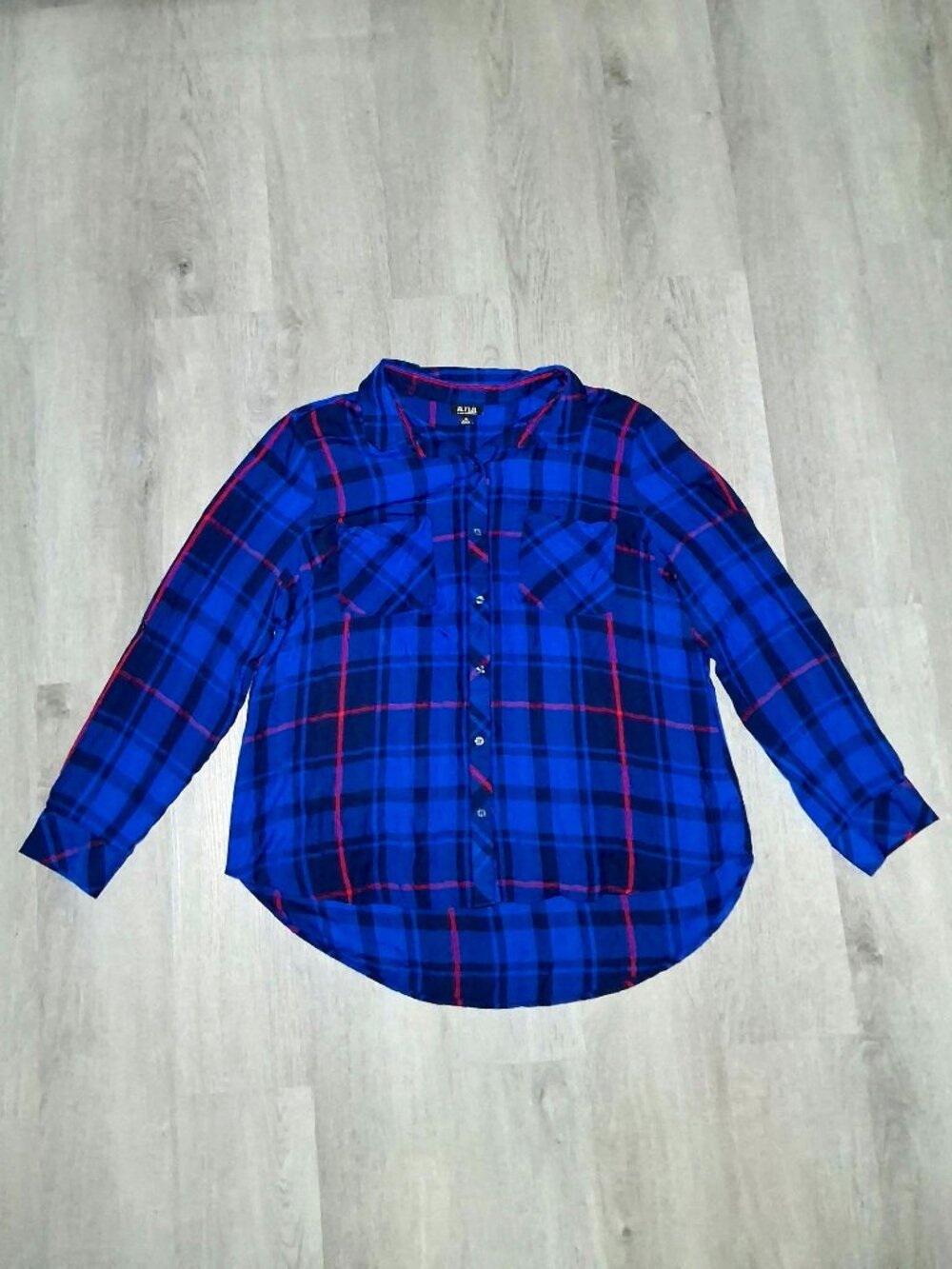 a.n.a Blue Red and Black Plaid Flannel Button Down Long Sleeve Shirt Blouse XL